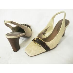 ETIENNE AIGNER MIDWAY LINEN LOOK FABRIC BROWN LEATHER SLINGBACK HEEL SHOE SZ 6M